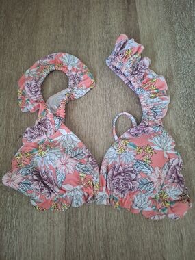 Floral Ruffle Bikini Top - Coral Pink